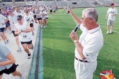Texas A&M football coach Dennis Franchione starts the runners and walkers in the 2nd annual Coach Fran Charities First American Bank 5k Run & Walk Saturday morning at Kyle Field. More than 400 people took part in the fund -raiser for the Lincoln rrecreatoin Center.butch foto